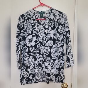 Lauren Ralph Lauren Women's Black and White Floral Button Down Shirt